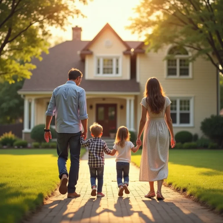 Familia tradicional caminando hacia una casa residencial en un entorno suburbano al atardecer.