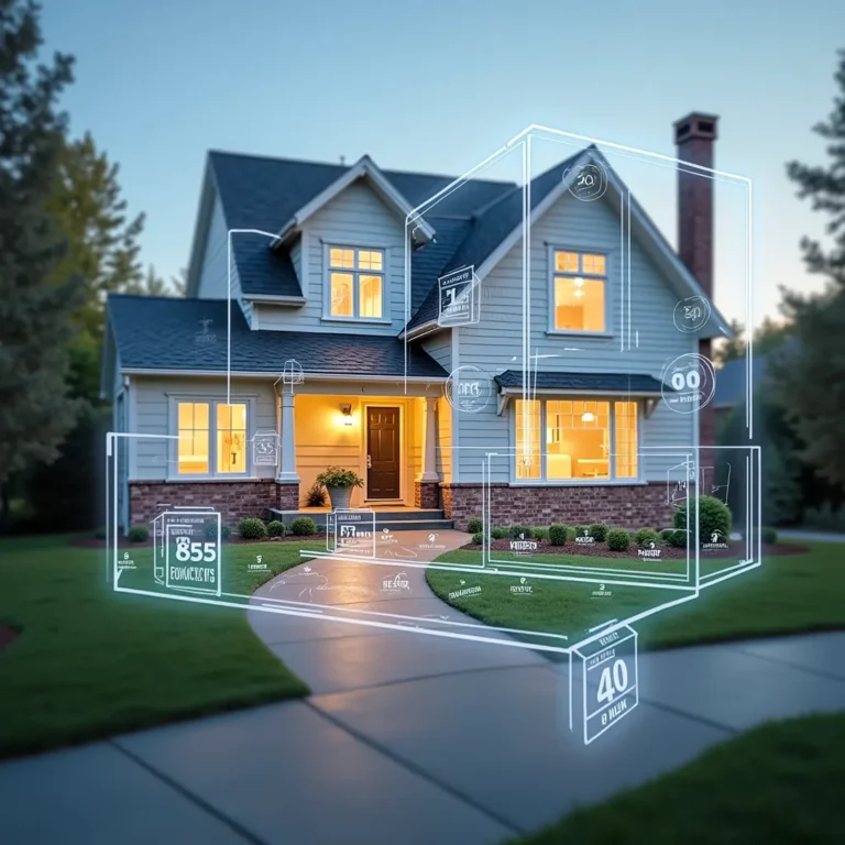 Una casa moderna con superposiciones digitales que muestran información hipotecaria, reflejando cómo la tecnología de Housy ayuda a los clientes a visualizar su futuro hogar.