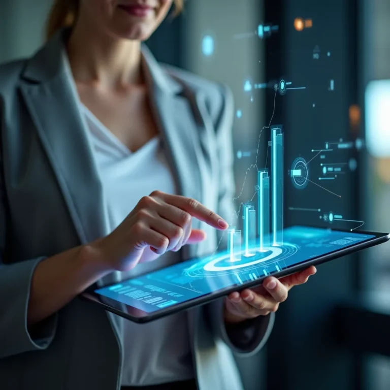 Una profesional usando una tableta digital con gráficos financieros interactivos, destacando la innovación tecnológica en la planificación hipotecaria.
